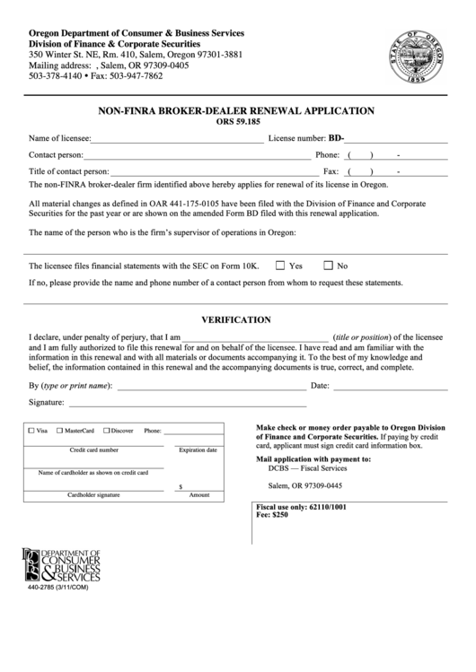 Form 440-2785 - Non-Finra Broker-Dealer Renewal Application Printable pdf