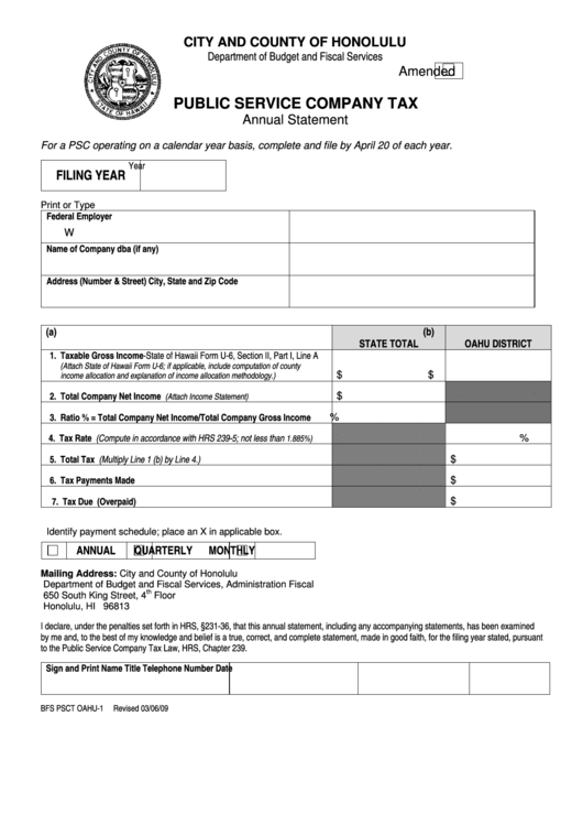 Form Bfs Psct Oahu-2 - Public Service Company Tax - Annual Statement Printable pdf