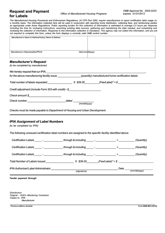 Fillable Form Hud-301 - Request And Payment For Labels - 2009 Printable pdf
