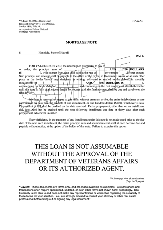Form 26-6350a - Mortgage Note Form Printable pdf