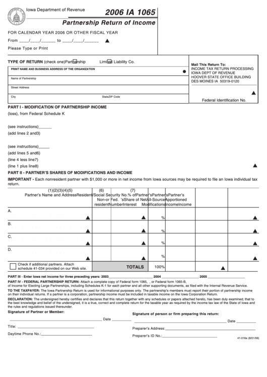 Form Ia 1065 - Partnership Return Of Income - 2006 Printable pdf