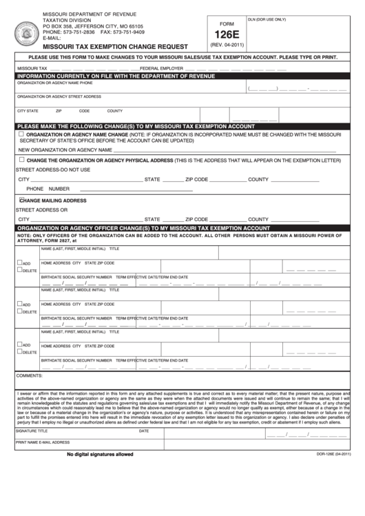 Fillable Form 126e - Missouri Tax Exemption Change Request Printable pdf