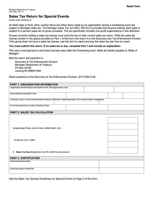 Fillable Form 3421 - Sales Tax Return For Special Events Printable pdf