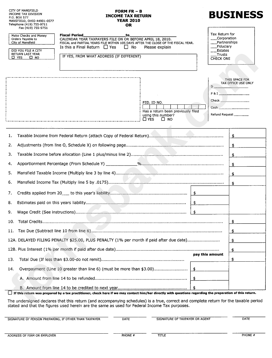 Form Fr-B - Income Tax Return - 2010