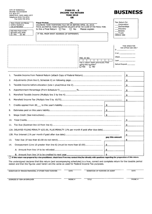Form Fr-B - Income Tax Return - 2010 Printable pdf