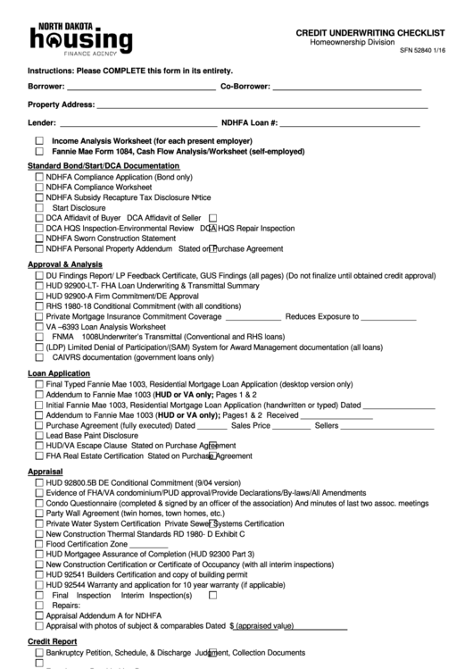 Fillable Form Sfn 52840 - Credit Underwriting Checklist Form - North Dakota Housing Finance Agency Printable pdf