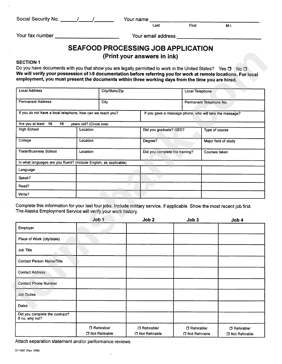Seafood Processing Job Application Form