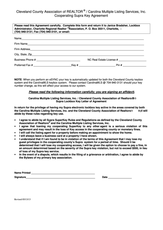 Cooperating Supra Key Agreement Form - Cleveland County Association Of Realtors Printable pdf