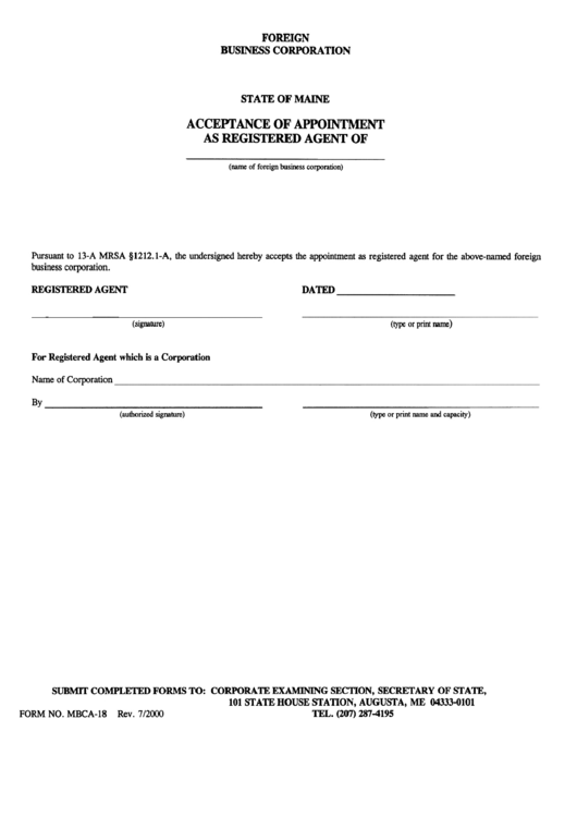 Form Mbca-18 - Acceptance Of Appointment As Registered Agent Of Foreign Business Corporation - 2000 Printable pdf