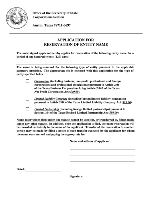 Application For Reservation Of Entity Name Form Printable pdf