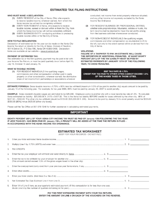 Estimated Tax Worksheet - City Of Xenia - 2007 Printable pdf
