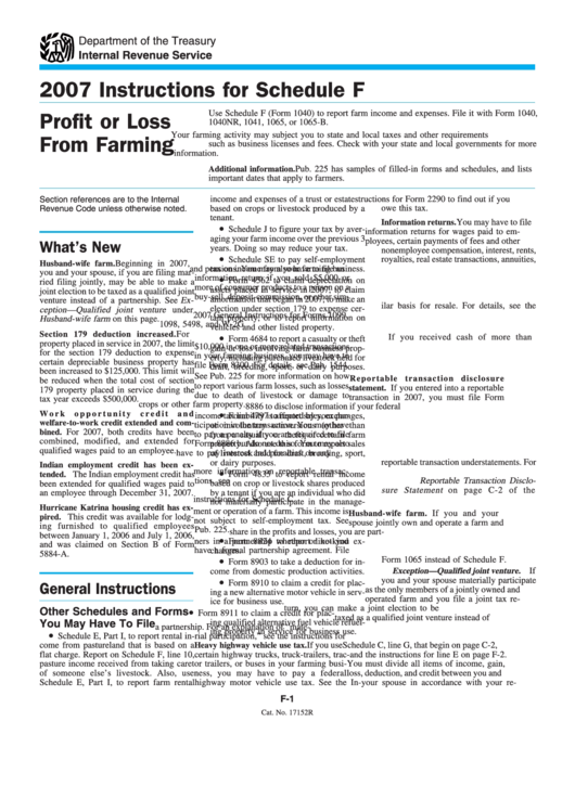Instructions For Schedule F - Profit Or Loss From Farming- 2007 Printable pdf