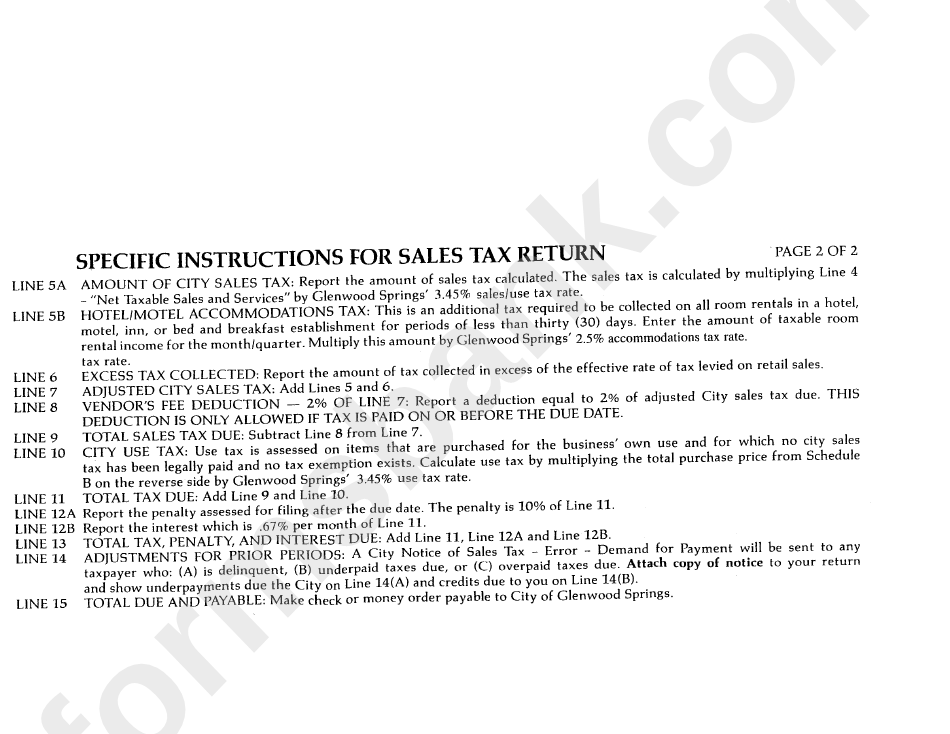 Specific Instructions For Sales Tax Return - City Of Glenwood Springs