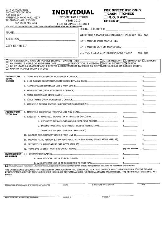 City Of Mansfield Individual Income Tax Return - 2010 Printable pdf