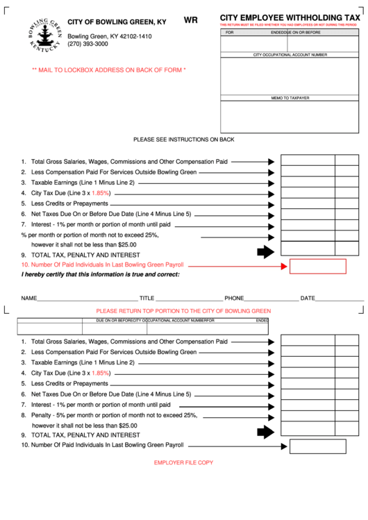 Fillable City Employee Withholding Tax Form - City Of Bowling Green Printable pdf