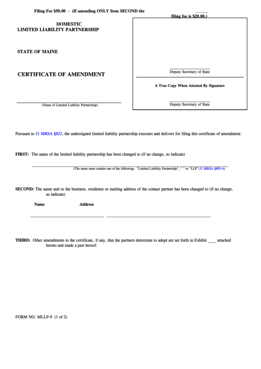 Fillable Form Mllp-9 - Certificate Of Amendment Printable pdf