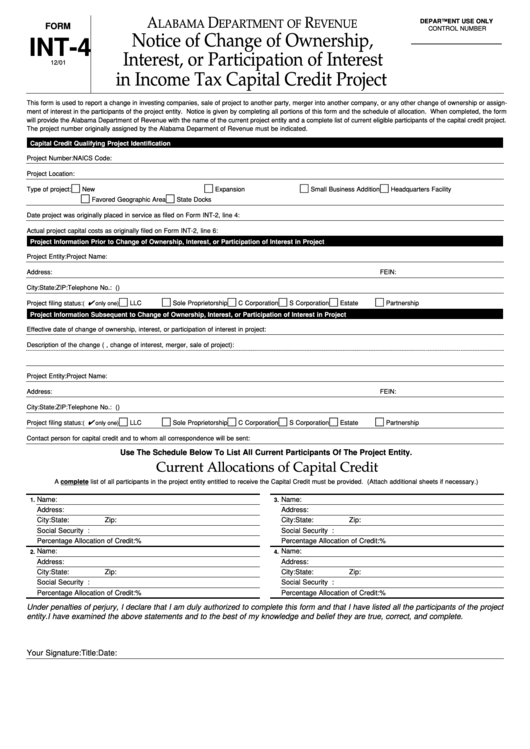 Form Int-4 - Notice Of Change Of Ownership, Interest, Or Participation Of Interest In Income Tax Capital Credit Project Printable pdf