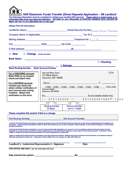 Hap Electronic Funds Transfer (Direct Deposit) Application Form - Detroit Housing Commission Printable pdf