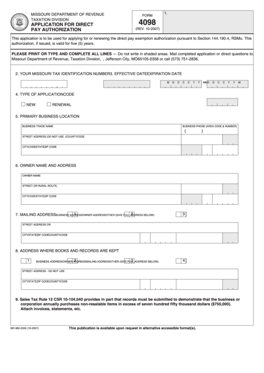 Fillable Form 4098 - Application For Direct Pay Authorization Printable pdf
