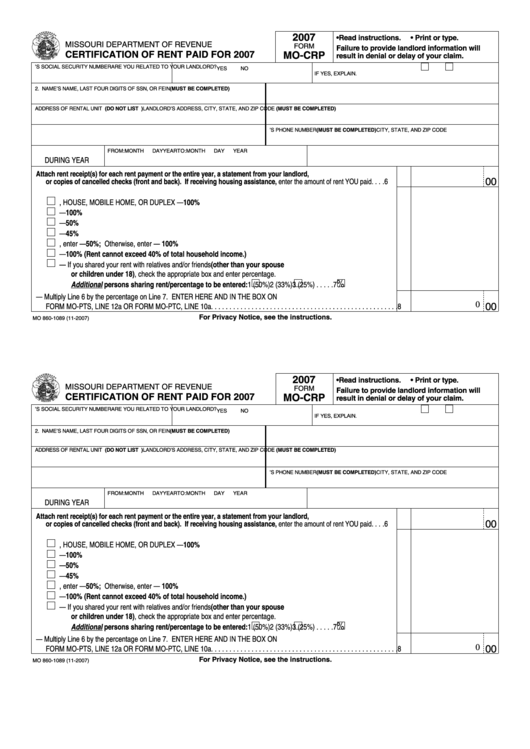 Fillable Form Mo-Crp - Certification Of Rent Paid For 2007 Printable pdf