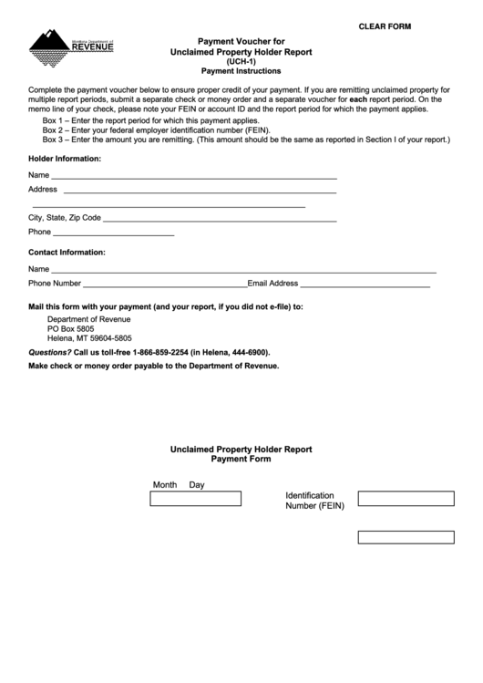 Fillable Form Uch-1 - Payment Voucher For Unclaimed Property Holder Report Printable pdf