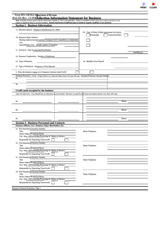 Fillable Form Ro-1063 - Collection Information Statement For Business Printable pdf