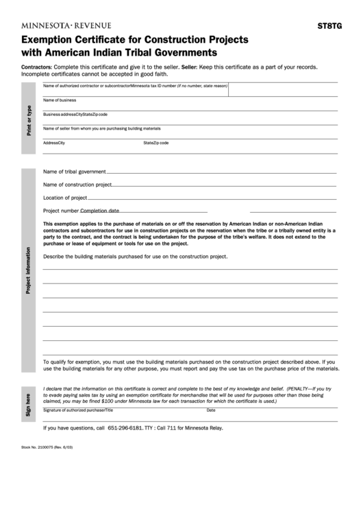 Fillable Form St8tg - Exemption Certificate For Construction Projects With American Indian Tribal Governments Printable pdf