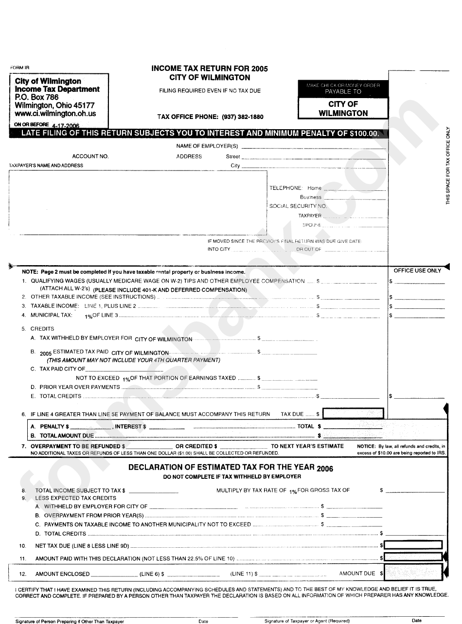 Form Ir - Income Tax Return For 2005 - City Of Wilmington