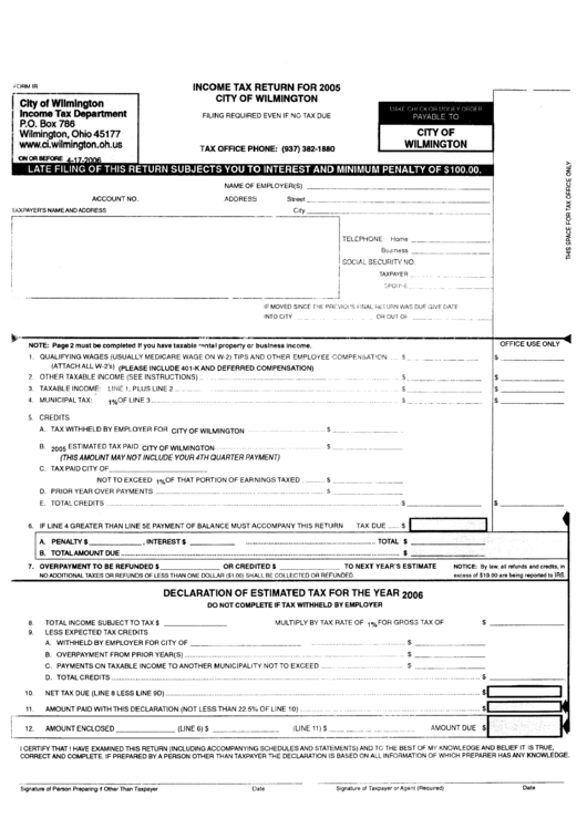 Form Ir - Income Tax Return For 2005 - City Of Wilmington Printable pdf