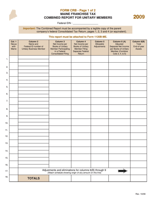 Form Crb - Maine Franchise Tax Combined Report For Unitary Members - 2009 Printable pdf