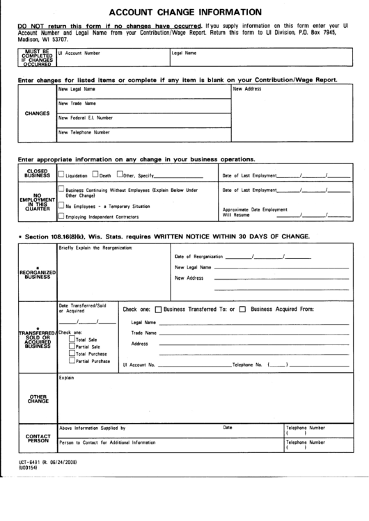 Form Uct-6491 - Account Change Information Printable pdf