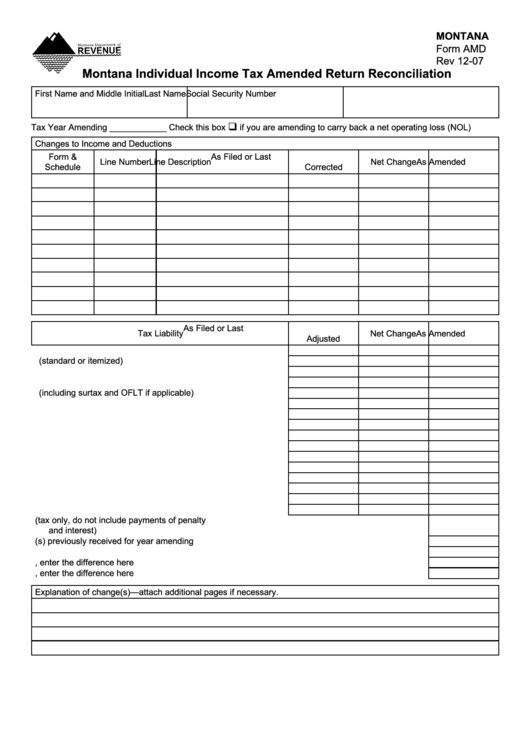 Form Amd - Montana Individual Income Tax Amended Return Reconciliation Printable pdf