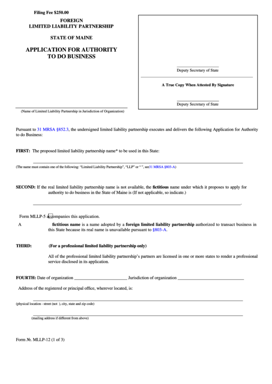 Fillable Form Mllp-12 - Application For Authority To Do Business - Foreign Limited Liability Partnership Printable pdf
