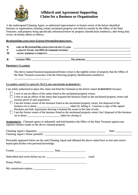 Affidavit And Agreement Supporting Claim For A Business Or Organization Form Printable pdf