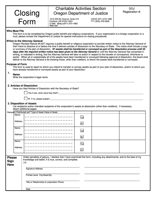 Closing Form - Charitable Activities Section - Oregon Department Of Justice Printable pdf