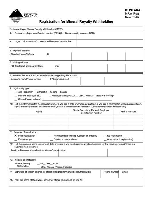 Form Mrw Reg - Registration For Mineral Royalty Withholding Printable pdf
