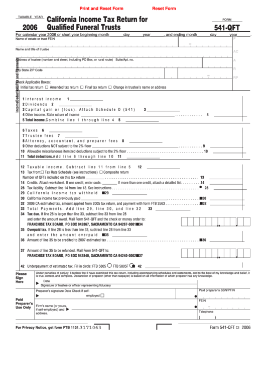 Fillable Form 541-Qft - California Income Tax Return For Qualified Funeral Trusts - 2006 Printable pdf