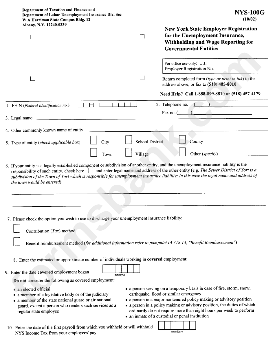 Form Nys-100g - New York State E,ployer Registration For The Unemployment Insurance, Withholding And Wage Reporting For Governmental Entities