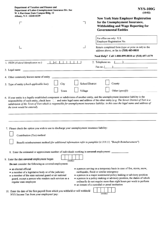 Form Nys-100g - New York State E,ployer Registration For The Unemployment Insurance, Withholding And Wage Reporting For Governmental Entities Printable pdf