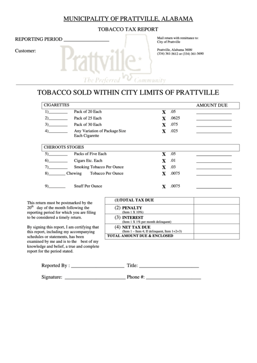 Tobacco Tax Report - Municipality Of Prattville, Alabama Printable pdf
