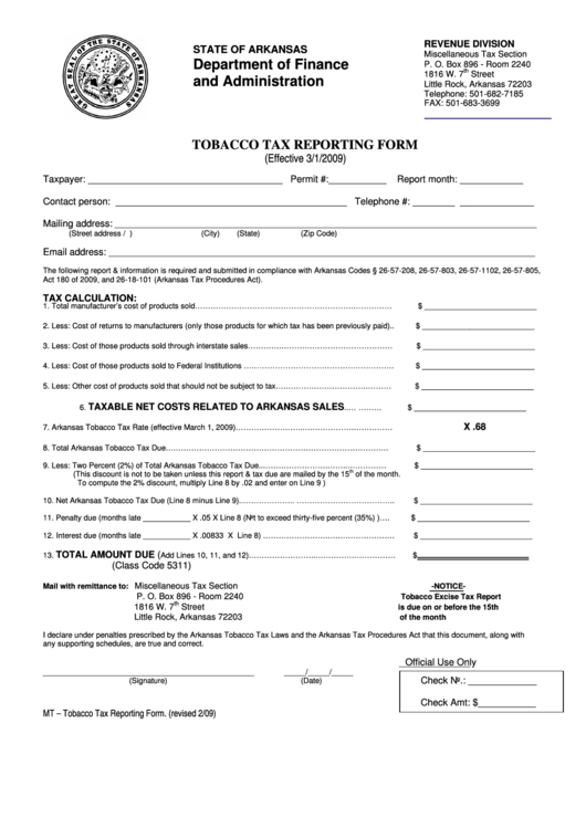 Tobacco Tax Reporting Form Printable pdf