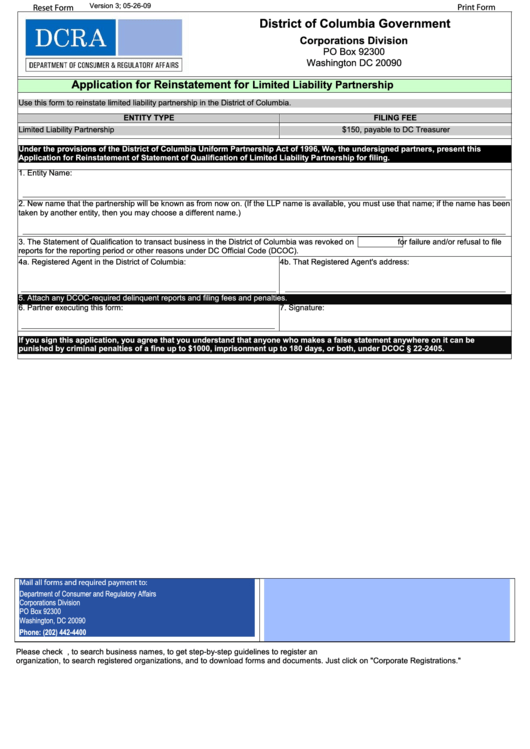 Fillable Application For Reinstatement For Limited Liability Partnership Form - Dcra Printable pdf
