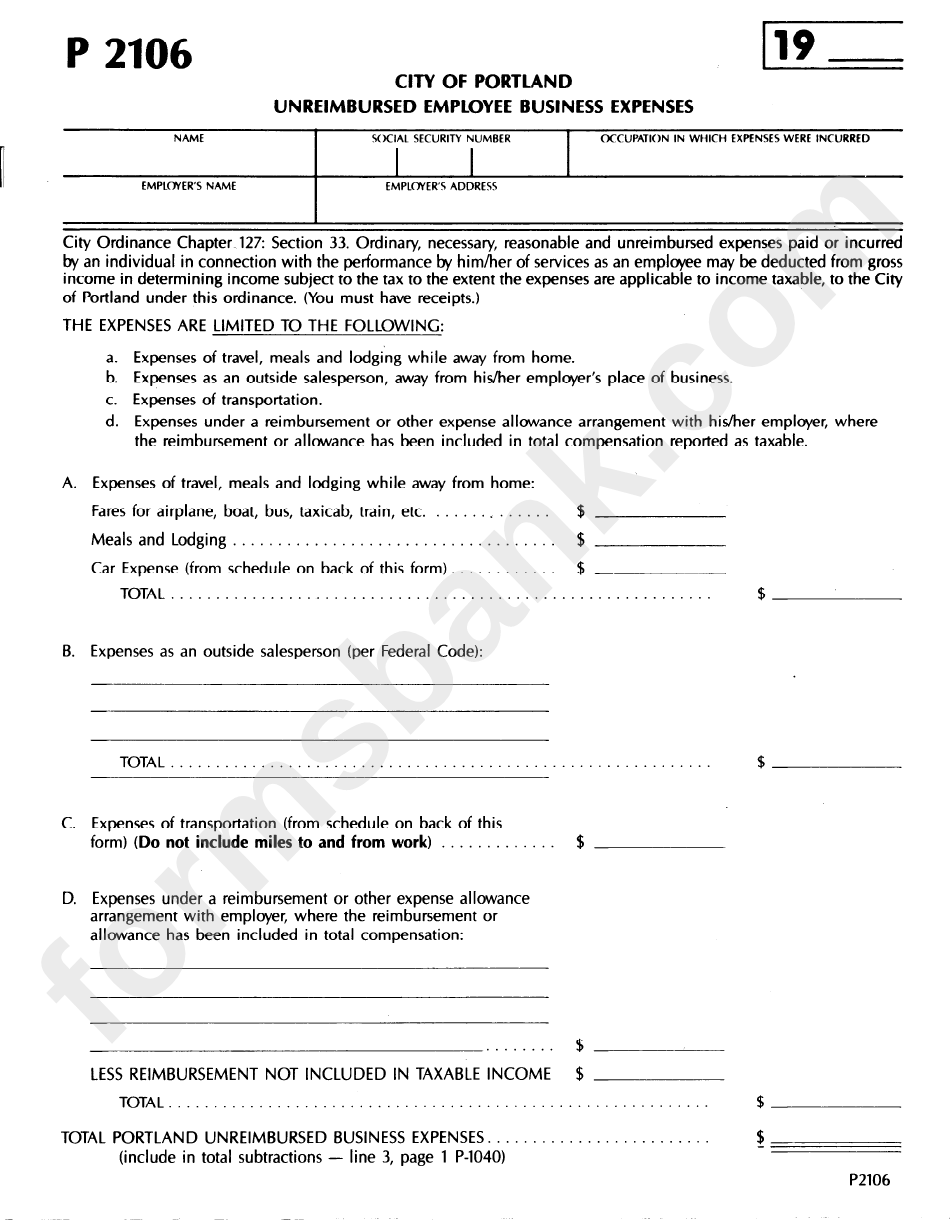 Form P2106 - Unreimbursed Employee Business Expenses