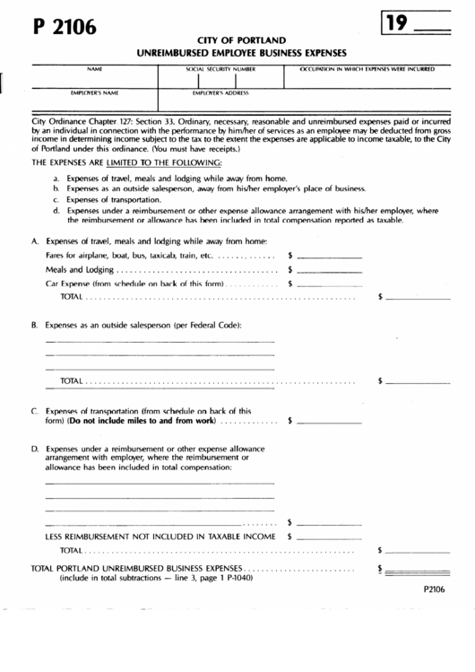 Form P2106 - Unreimbursed Employee Business Expenses Printable pdf