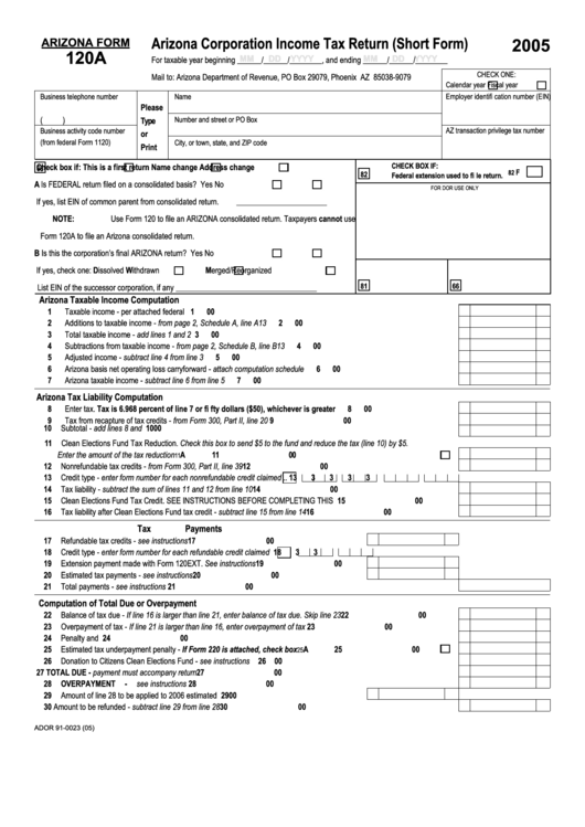 Fillable Arizona Form 120a - Arizona Corporation Income Tax Return (Short Form) - 2005 Printable pdf