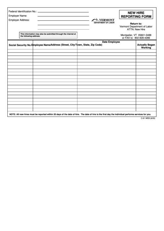 Fillable Form C-61 Web - New Hire Reporting Printable pdf