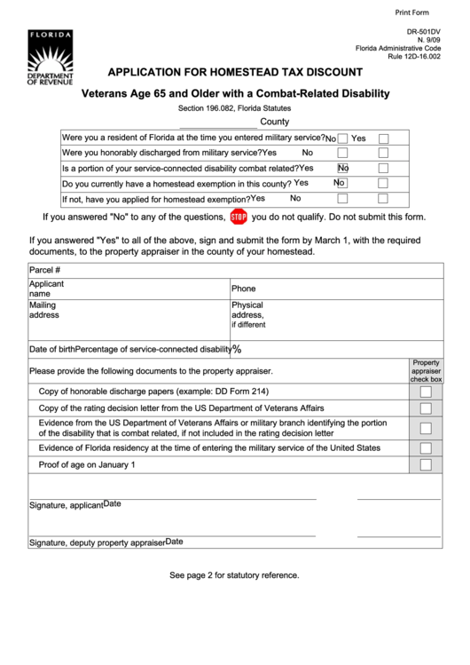 Fillable Form Dr-501dv - Application For Homestead Tax Discount - Veterans Age 65 And Older With A Combat-Related Disability Printable pdf