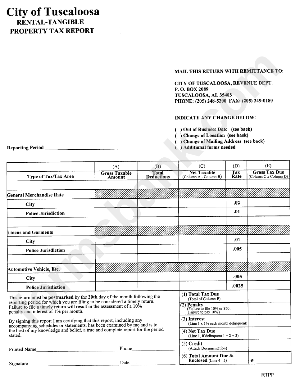 City Of Tuscaloosa Rental-Tangible Property Tax Report