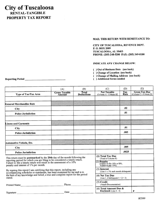 City Of Tuscaloosa Rental-Tangible Property Tax Report Printable pdf