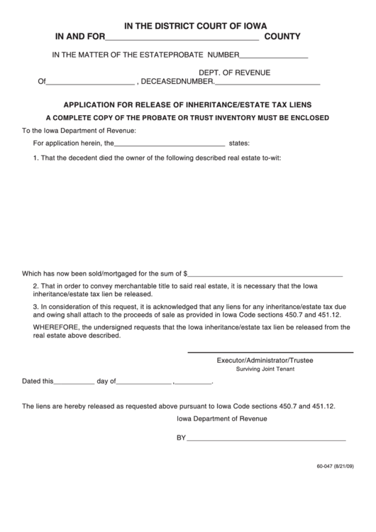 Form 60-047 - Application For Release Of Inheritance/estate Tax Liens Printable pdf